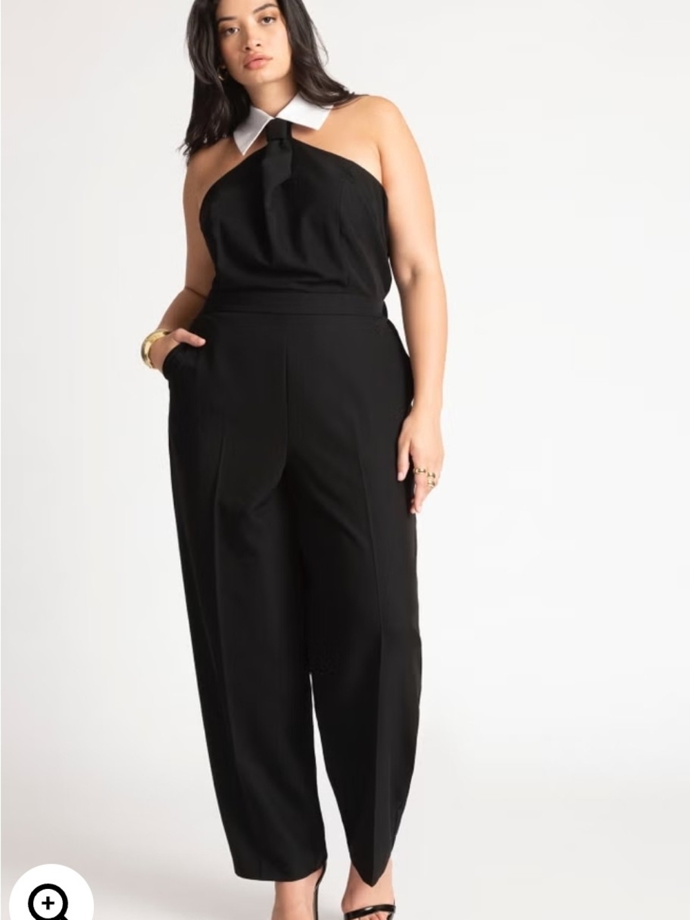 Eloquii Black Halter Jumpsuit with White Tie/Collar
